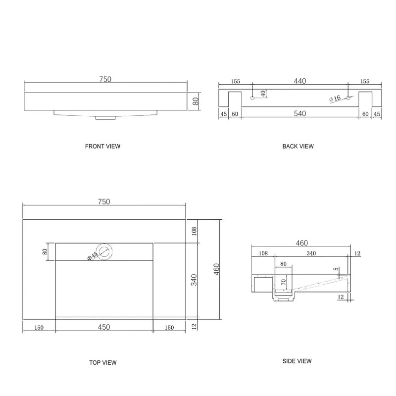 MOONLIGHT 750X460X80MM SOLID SURFACE TOP WALL HUNG BASIN FIL Kitchen Bathroom