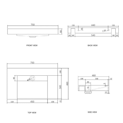 MOONLIGHT 750X460X80MM SOLID SURFACE TOP WALL HUNG BASIN FIL Kitchen Bathroom