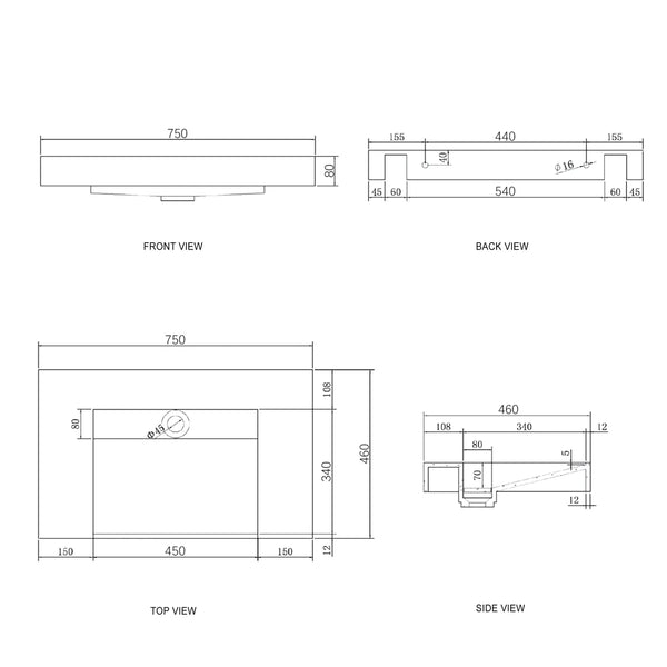 MOONLIGHT 750X460X80MM SOLID SURFACE TOP WALL HUNG BASIN