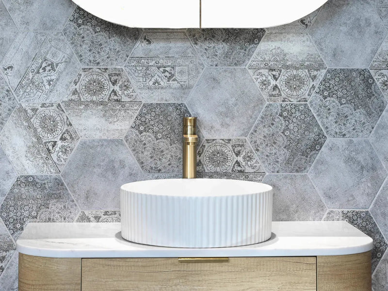 MARLO 400X400X125mm ROUND FLUTED BASIN MATT White/BLACK FIL Kitchen Bathroom