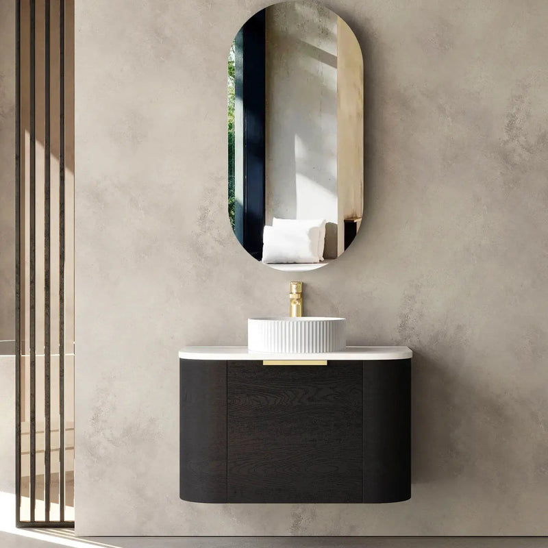 BONDI BLACK OAK 750X460 CURVE VANITY FIL Kitchen Bathroom