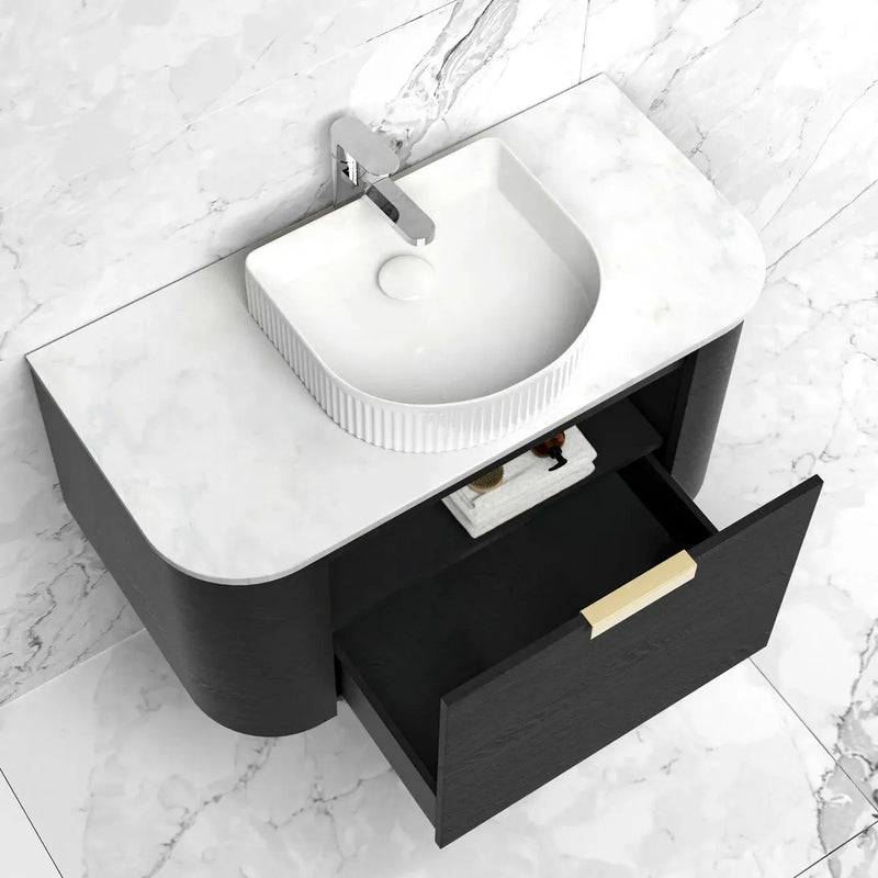 BONDI BLACK OAK 750X460 CURVE VANITY FIL Kitchen Bathroom