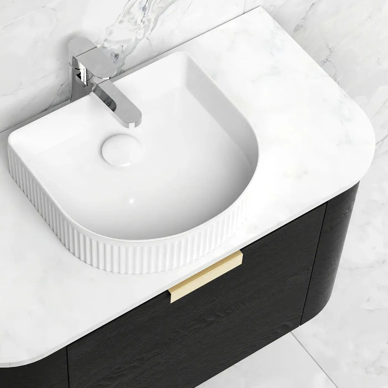BONDI BLACK OAK 750X460 CURVE VANITY FIL Kitchen Bathroom