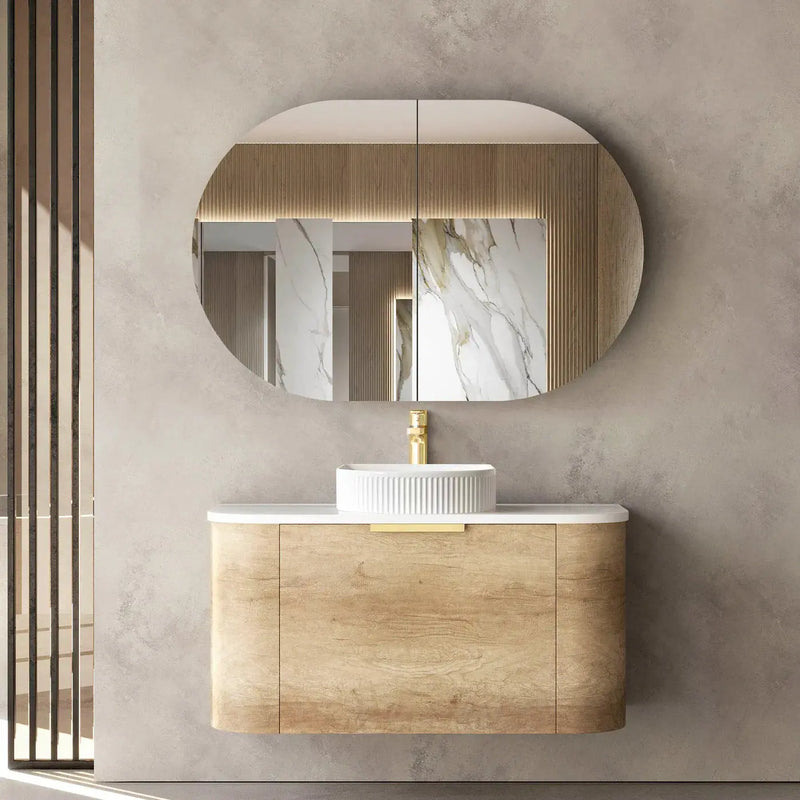 BONDI NATURAL OAK 900X460 CURVE VANITY FIL Kitchen Bathroom