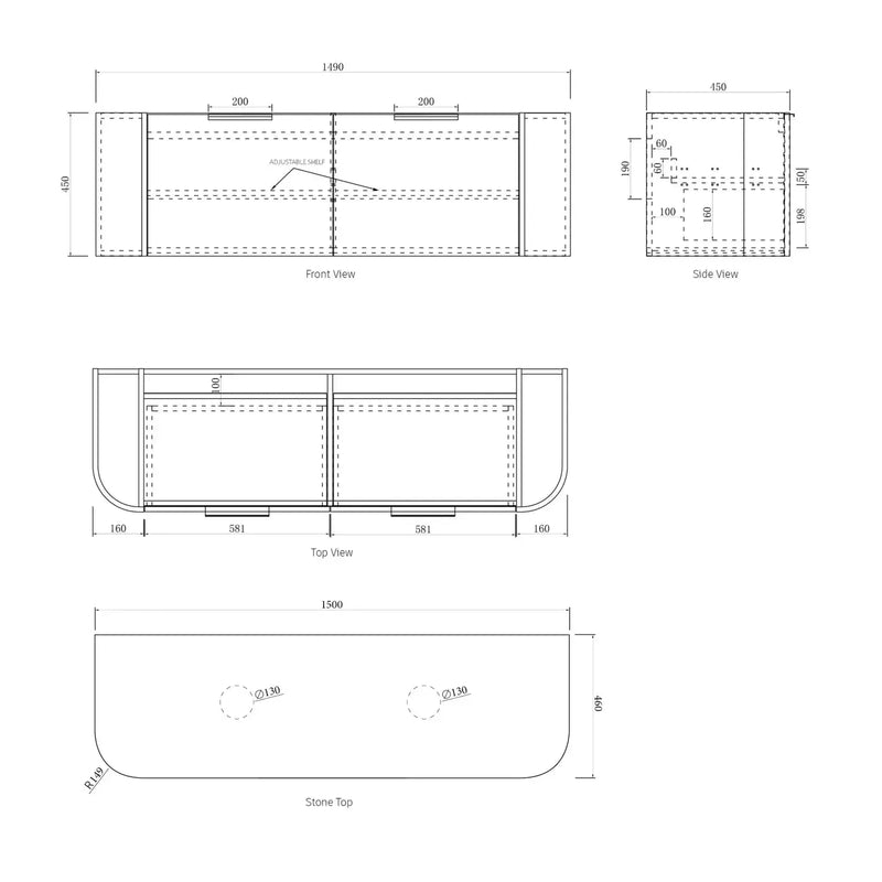 BONDI SATIN WHITE FLUTED 1500X460 CURVE VANITY FIL Kitchen Bathroom