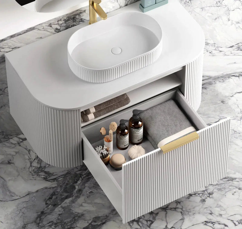 BONDI SATIN WHITE FLUTED 1200X460 CURVE VANITY FIL Kitchen Bathroom