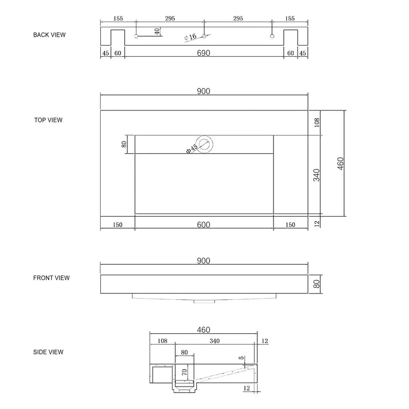 MOONLIGHT 900X460X80MM SOLID SURFACE TOP WALL HUNG BASIN FIL Kitchen Bathroom