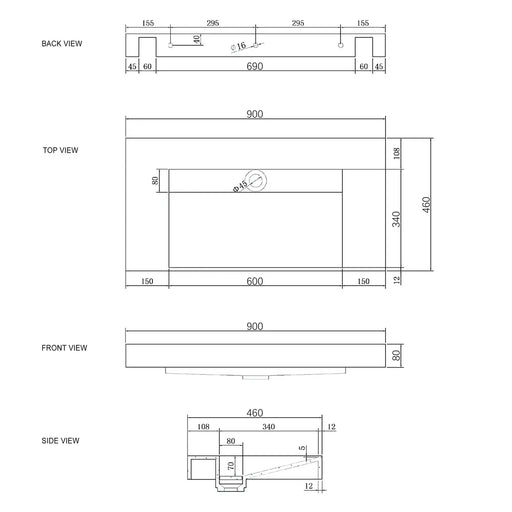 MOONLIGHT 900X460X80MM SOLID SURFACE TOP WALL HUNG BASIN FIL Kitchen Bathroom
