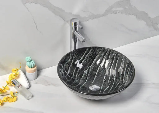 Above Counter Basin Tempered Glass Basin Black & White 420x 420x 145mm - FIL Kitchen Bathroom