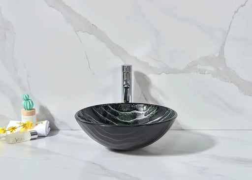 Above Counter Basin Tempered Glass Basin Black & White 420x 420x 145mm - FIL Kitchen Bathroom