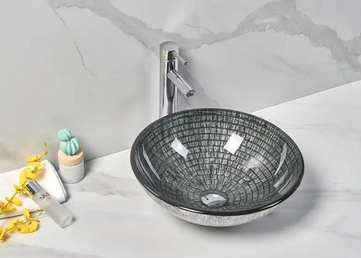 Above Counter Basin Tempered Glass Mosaic Basin Black & White 420x 420x 145mm - FIL Kitchen Bathroom