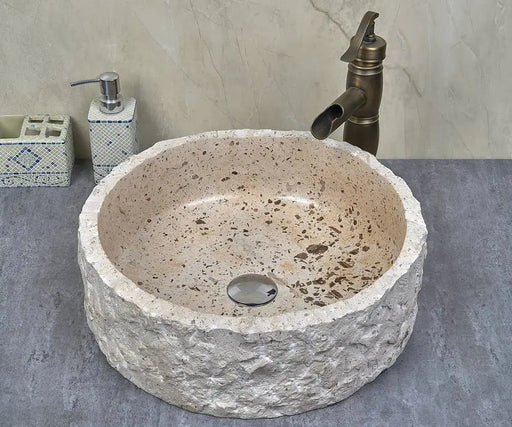 Above Counter Natural Stone Raw Edge Basin Beige Speckle Vintage Antique 420X420X140mm - FIL Kitchen Bathroom