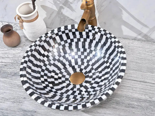 Above Counter Natural Stone Mosaic Basin White & Black Marble 420x 420 x 140mm - FIL Kitchen Bathroom