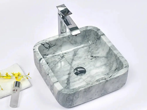 Above Counter Basin Natural Stone Basin White & Grey Marble  400x 400x 140mm - FIL Kitchen Bathroom