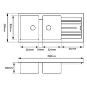 1160*500*200mm Black Granite Quartz Stone Kitchen Sink Double Bowls Drainboard Top/Undermount FIL Kitchen Bathroom