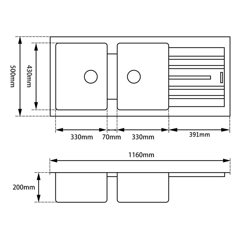 1160*500*200mm Black Granite Quartz Stone Kitchen Sink Double Bowls Drainboard Top/Undermount FIL Kitchen Bathroom