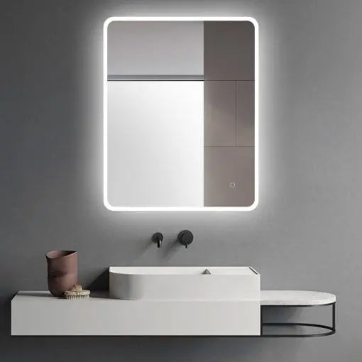 600x750mm Curved Rim Rectangle 3 Color Lighting LED Mirror Touch Sensor Switch Acrylic Side Light Wall Mounted Vertical or Horizontal FIL Kitchen Bathroom