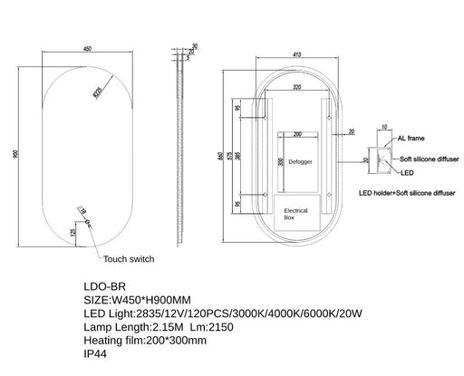450*900mm Builder Range Oval Sharp-Edged 3 Color Lighting Backlit LED Mirror with Touch Sensor Switch FIL Kitchen Bathroom