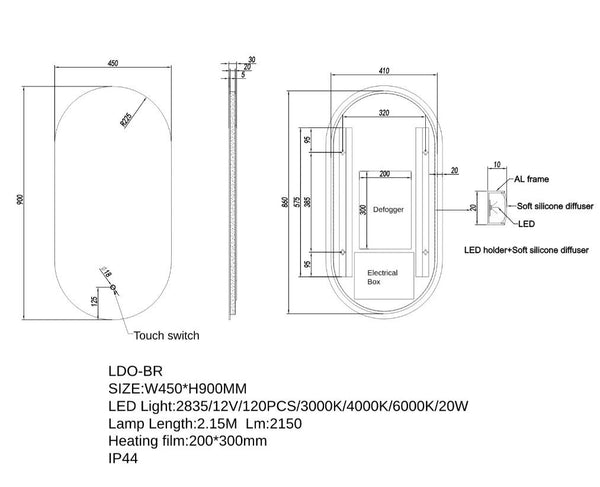 450*900mm Builder Range Oval Sharp-Edged 3 Color Lighting Backlit LED Mirror with Touch Sensor Switch