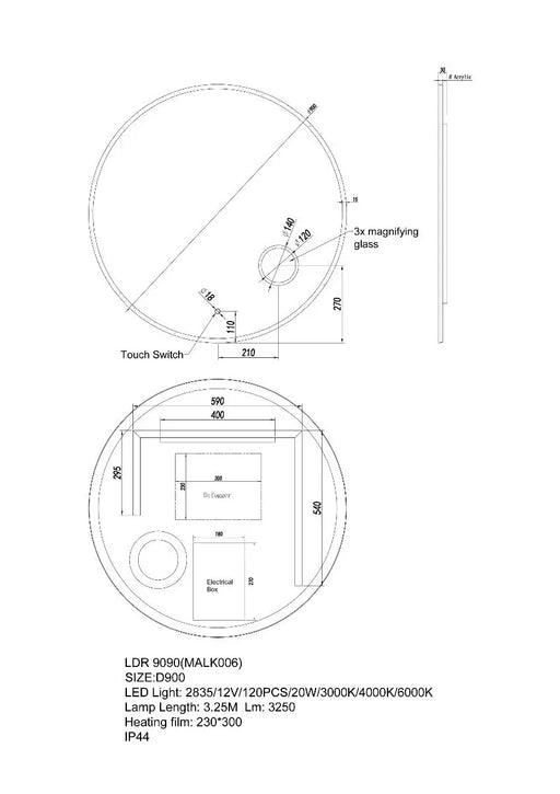900mm Round 3 Color Lighting LED Mirror with Magnifying Mirror Touch Sensor Switch Defogger Pad Wall Mounted FIL Kitchen Bathroom