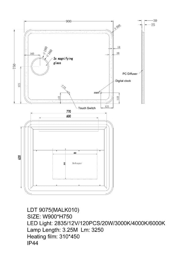 900x750mm Curved Rim Rectangle 3 Color Lighting LED Mirror Magnifier Touch Sensor Switch Defogger Pad Wall Mounted