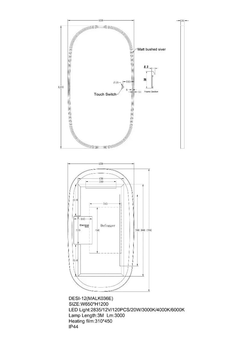 Dressing Led Mirror 1200x650mm FIL Kitchen Bathroom