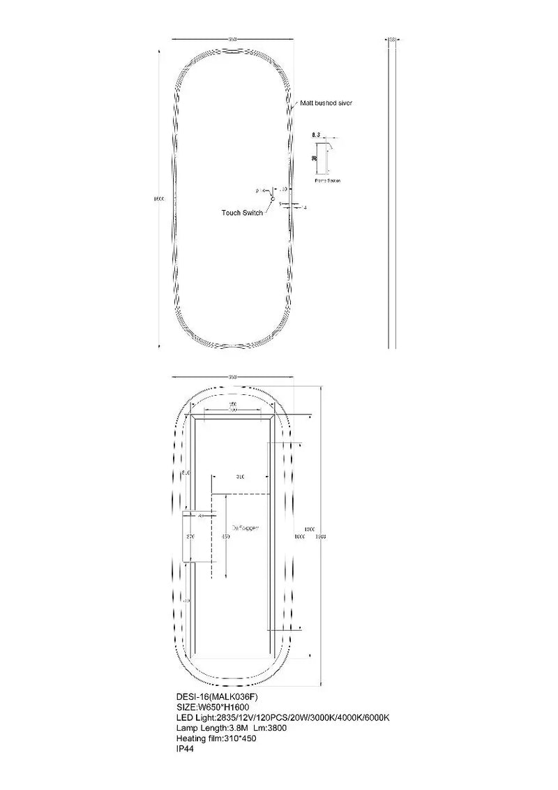 Dressing Led Mirror 1600x650mm FIL Kitchen Bathroom