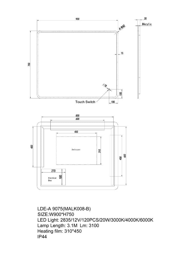 900x750mm Curved Rim Rectangle 3 Color Lighting LED Mirror Touch Sensor Switch Acrylic Side Light Wall Mounted Vertical or Horizontal