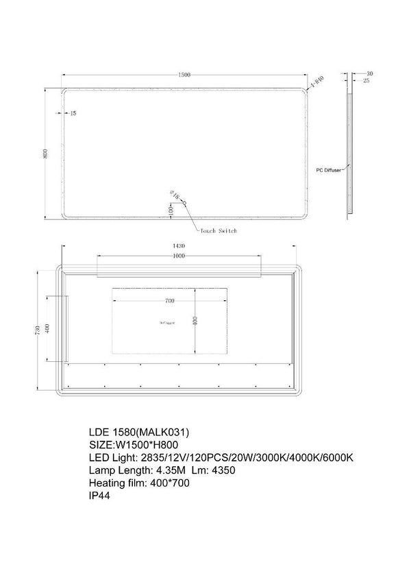 1500*800mm Frosted Glass Edge 3 Color Lighting Backlit LED Mirror Touch Sensor Switch Defogger Pad Wall Mounted Vertical or Horizontal