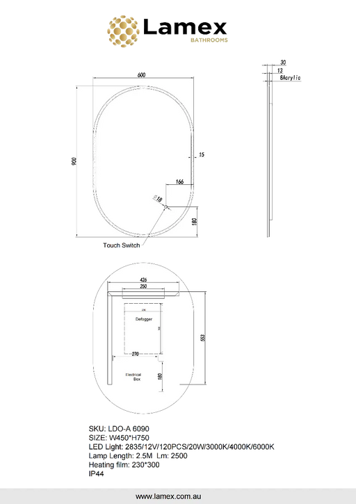 600*900mm Oval 3 Color Lighting Acrylic LED Mirror Touch Sensor Switch Defogger Pad Wall Mounted FIL Kitchen Bathroom