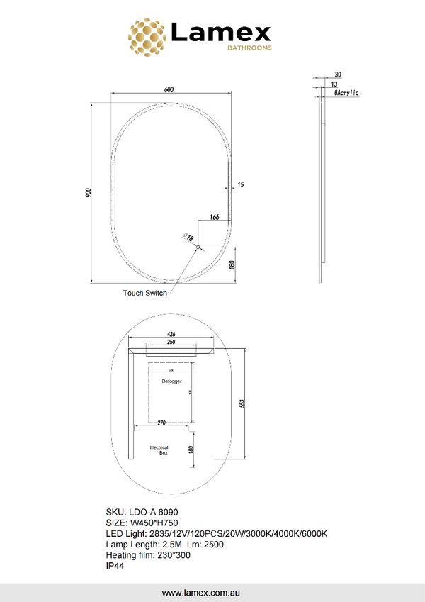 600*900mm Oval 3 Color Lighting Acrylic LED Mirror Touch Sensor Switch Defogger Pad Wall Mounted