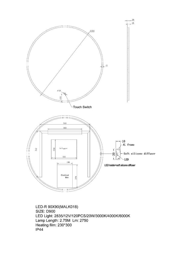 900mm Round Plain LED Mirror 3 Color Lighting Touch Sensor Switch Defogger Pad Wall Mounted Acrylic Mirror Back Lighting