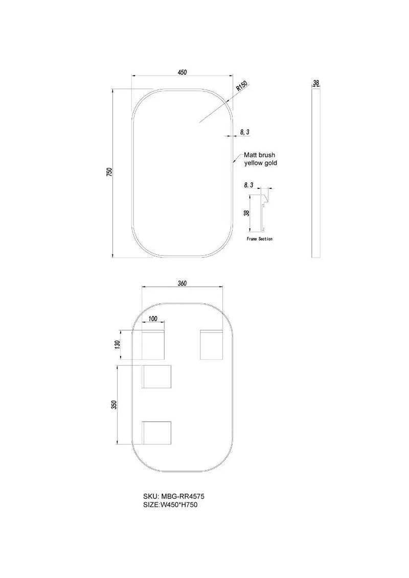 450*750mm Brushed Nickel/Matte Black/Brushed Gold Rounded Rectangular Framed Mirror FIL Kitchen Bathroom