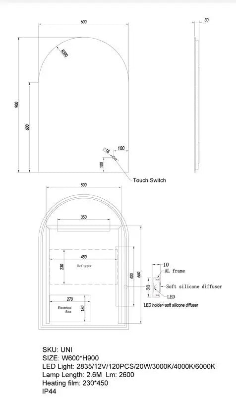 600*900mm Arch 3 Color Lighting Backlit LED Mirror with Touch Sensor Switch FIL Kitchen Bathroom