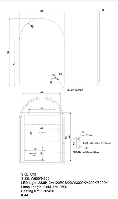 600*900mm Arch 3 Color Lighting Backlit LED Mirror with Touch Sensor Switch