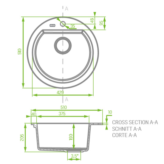 Laveo 510*205mm Grey Granite Stone Sink Single Bowl(including Space Saving Siphon and Click-clack Plug)