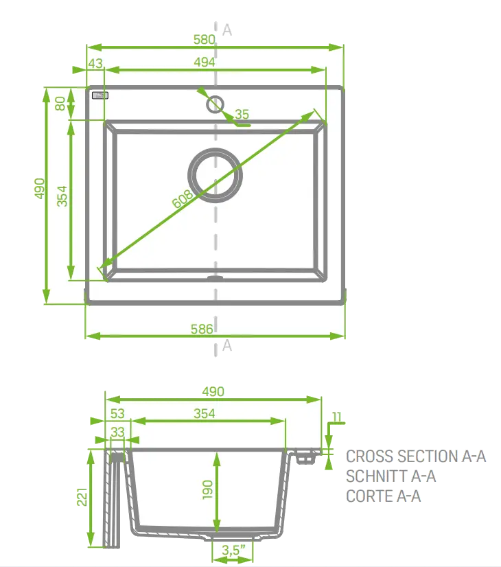 Laveo 490*580*220mm Beige Granite Stone Sink Single Bowl(including Space Saving Siphon and Click-clack Plug) FIL Kitchen Bathroom