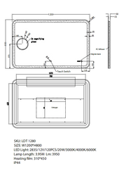 1200x800mm Curved Rim Rectangle 3 Color Lighting LED Mirror Magnifier Touch Sensor Switch Defogger Pad Wall Mounted FIL Kitchen Bathroom