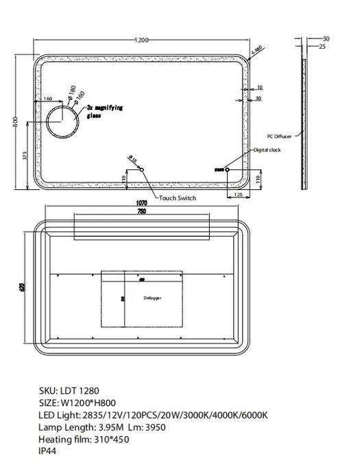 1200x800mm Curved Rim Rectangle 3 Color Lighting LED Mirror Magnifier Touch Sensor Switch Defogger Pad Wall Mounted FIL Kitchen Bathroom