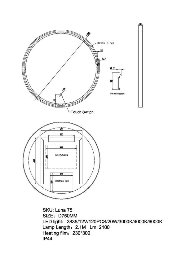 ROUND FRAMED LED MIRROR 750*38mm