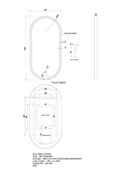 Matte Black/Brushed Gold Oval Framed LED Mirror 500x1000mm FIL Kitchen Bathroom