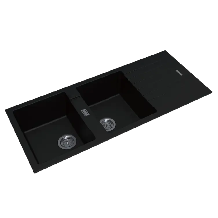 1160*500*200mm Black Granite Quartz Stone Kitchen Sink Double Bowls Drainboard Top/Undermount FIL Kitchen Bathroom