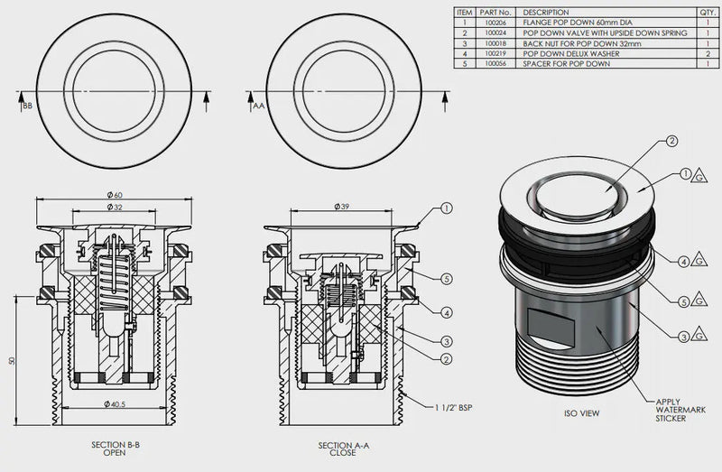 Pop Down Plug and Waste 40mm Satin Chrome - FIL Kitchen Bathroom
