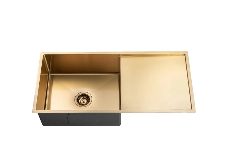 304 Stainless Steel Chrome/Grey/Gold PVD Coating Single Bowl Kitchen Sink with Drainer(Round Edges,with Bottom Tray)960*450*230mm FIL Kitchen Bathroom