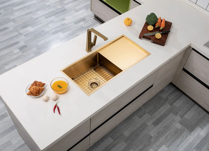 304 Stainless Steel Chrome/Grey/Gold PVD Coating Single Bowl Kitchen Sink with Drainer(Round Edges,with Bottom Tray)960*450*230mm FIL Kitchen Bathroom