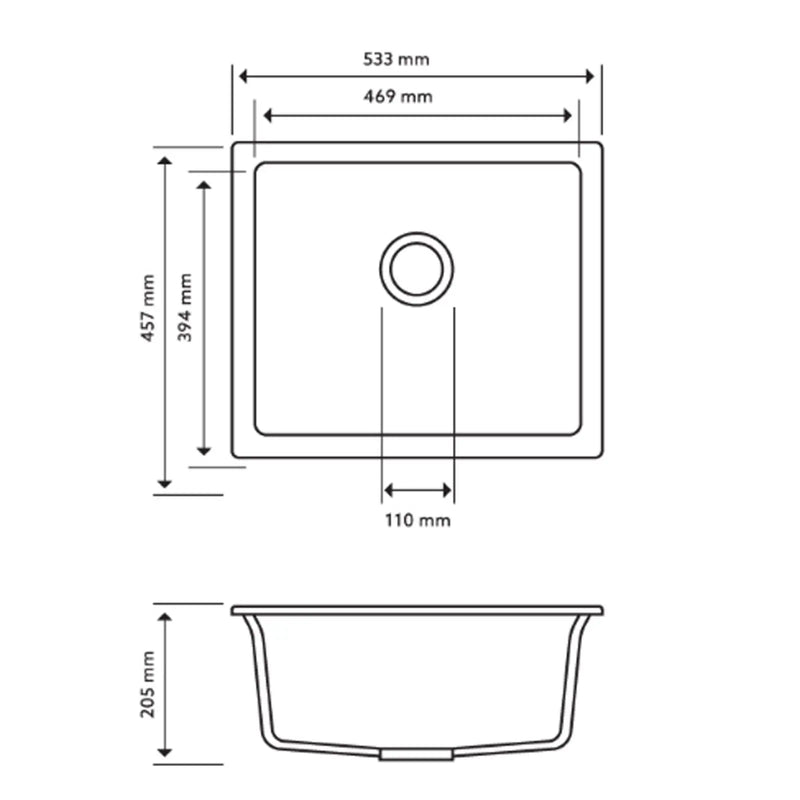533 x 457 x 205mm Carysil Black Single Bowl Granite Kitchen/Laundry Sink Top/Flush/Under Mount FIL Kitchen Bathroom