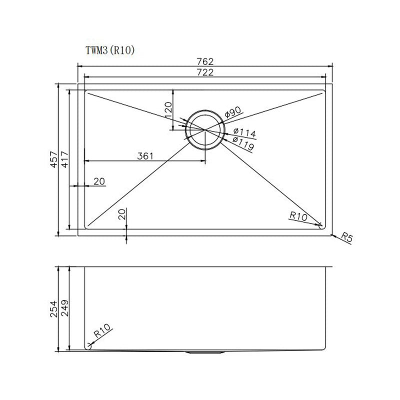 762x457x254mm 1.2mm Handmade Single Bowl Top/Undermount Kitchen/Laundry Sink Chrome/Grey/Gold FIL Kitchen Bathroom