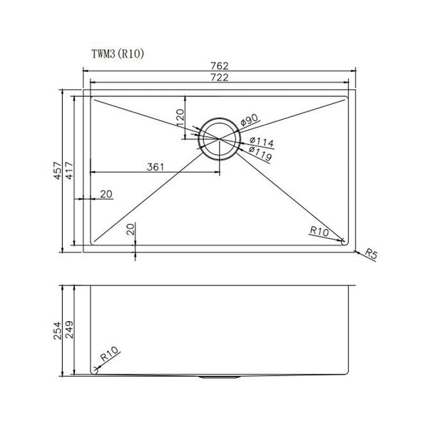 762x457x254mm 1.2mm Handmade Single Bowl Top/Undermount Kitchen/Laundry Sink Chrome/Grey/Gold