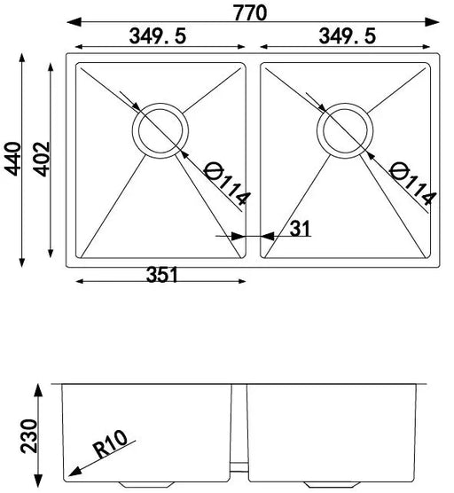 770*440*230mm Double Bowls Top/Undermount Kitchen/Laundry Stainless Steel Sink FIL Kitchen Bathroom
