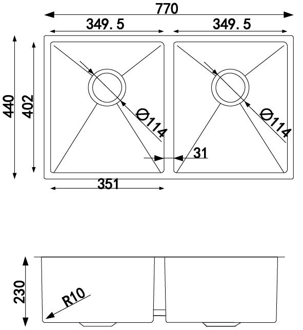 770*440*230mm Double Bowls Top/Undermount Kitchen/Laundry Stainless Steel Sink